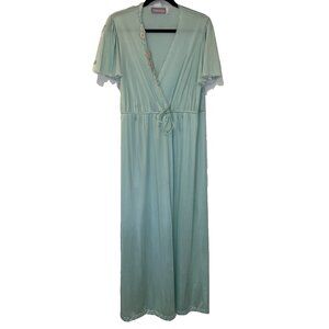 Vintage Beth Michaels Nightgown M Floral Trim 70s Robe Dress 80s Pastel Green